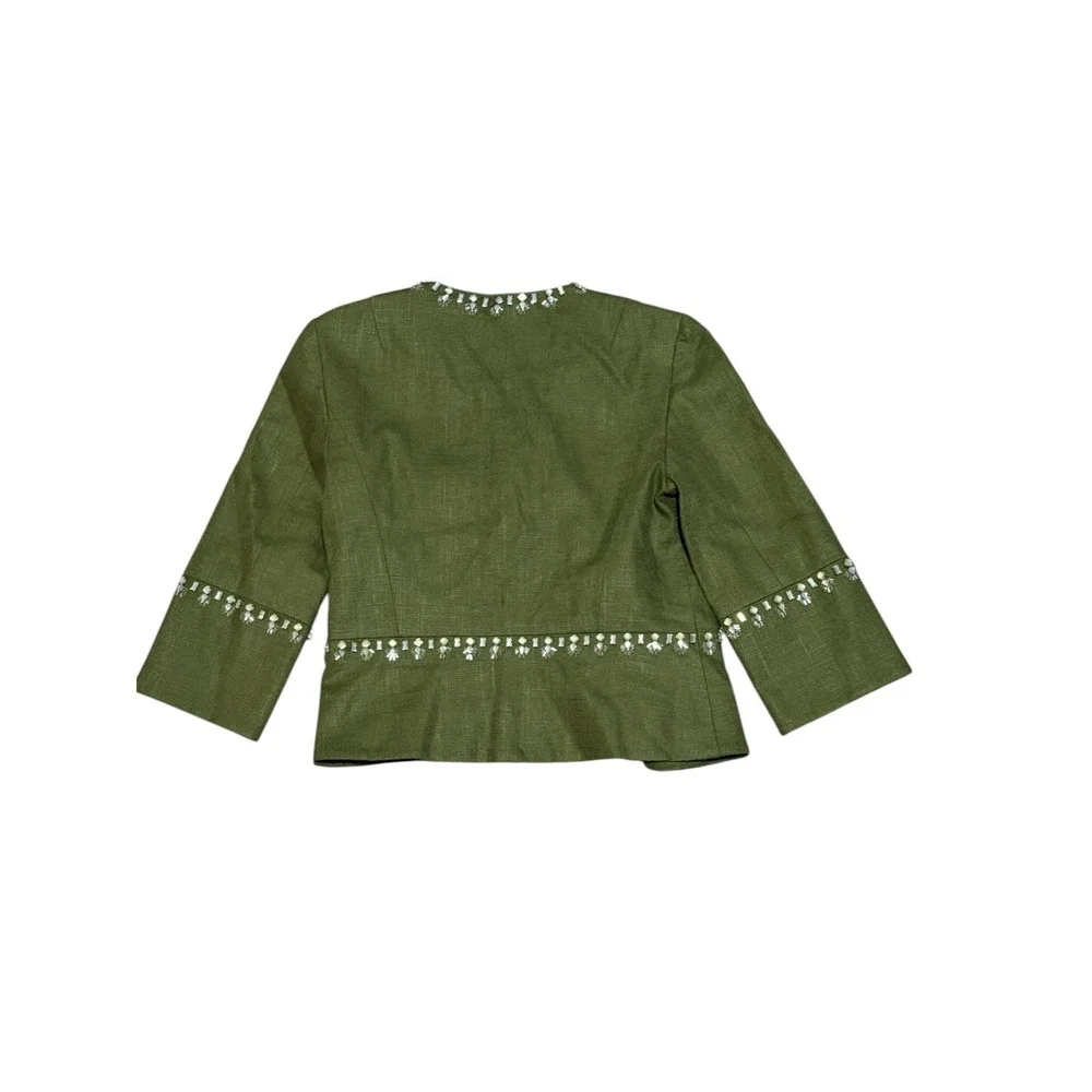 Tory Burch Avery Embellished Linen jacket Sz4‎ crystal beaded Olive green garden